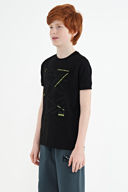 Black Minimal Print Standard Fit O Neck Boy's T-Shirt - 11132