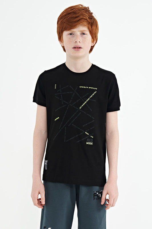 Black Minimal Print Standard Fit O Neck Boy's T-Shirt - 11132