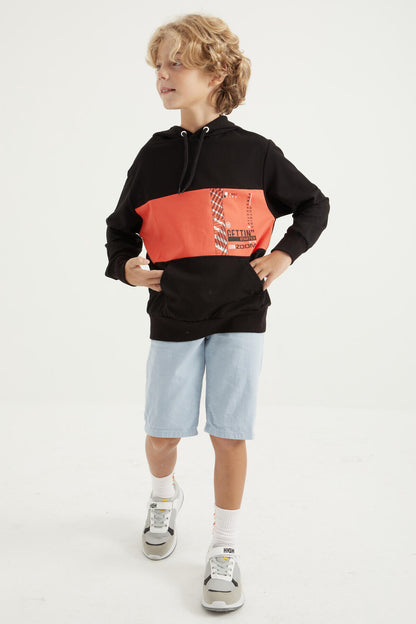 Black Embroidered Kangaroo Pocket Hooded Standard Fit Boys' Sweatshirt - 11010