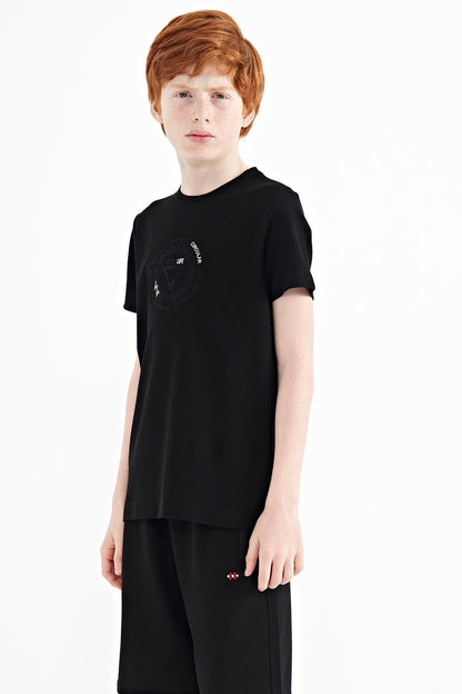 Black Embroidered Detailed O Collar Standard Cut Boys T-Shirt - 11115