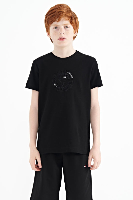 Black Embroidered Detailed O Collar Standard Cut Boys T-Shirt - 11115