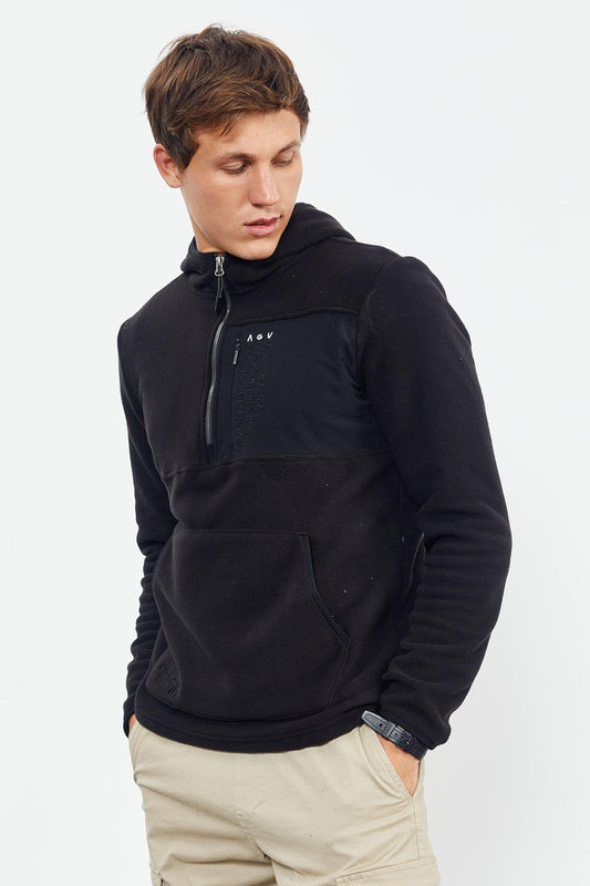 Black Embroidered Half-Zip Hooded Regular Fit Men's Fleece Sweatshirt - 87996