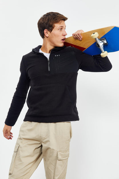 Black Embroidered Half-Zip Hooded Regular Fit Men's Fleece Sweatshirt - 87996