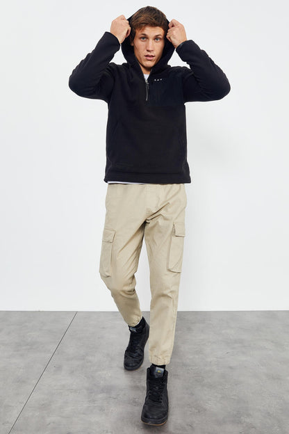 Black Embroidered Half-Zip Hooded Regular Fit Men's Fleece Sweatshirt - 87996