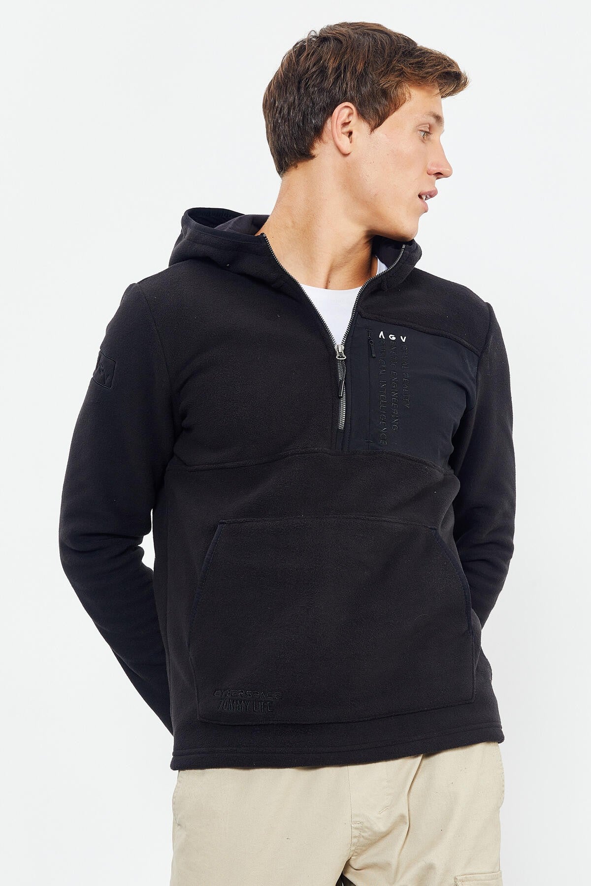 Black Embroidered Half-Zip Hooded Regular Fit Men's Fleece Sweatshirt - 87996