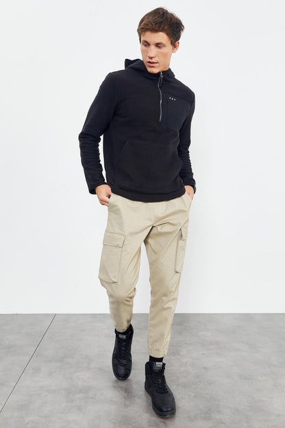 Black Embroidered Half-Zip Hooded Regular Fit Men's Fleece Sweatshirt - 87996