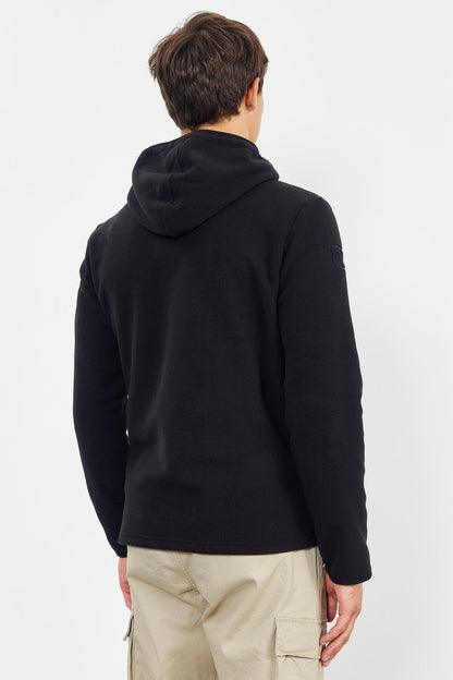 Black Embroidered Half-Zip Hooded Regular Fit Men's Fleece Sweatshirt - 87996