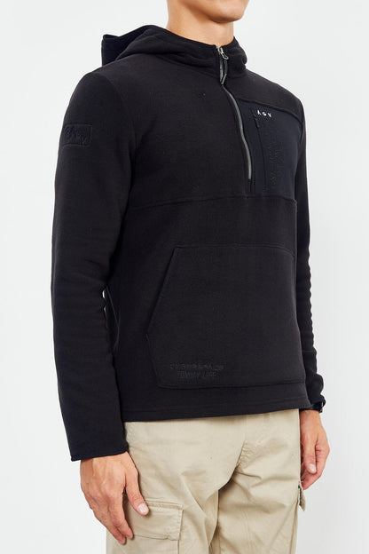 Black Embroidered Half-Zip Hooded Regular Fit Men's Fleece Sweatshirt - 87996