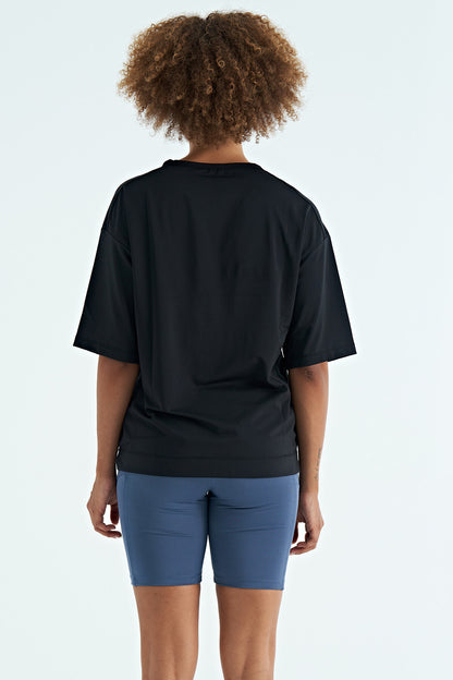 Black O Collar Print Detailed Oversize Short Sleeve Women's T-Shirt - 97263