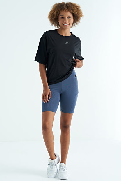 Black O Collar Print Detailed Oversize Short Sleeve Women's T-Shirt - 97263