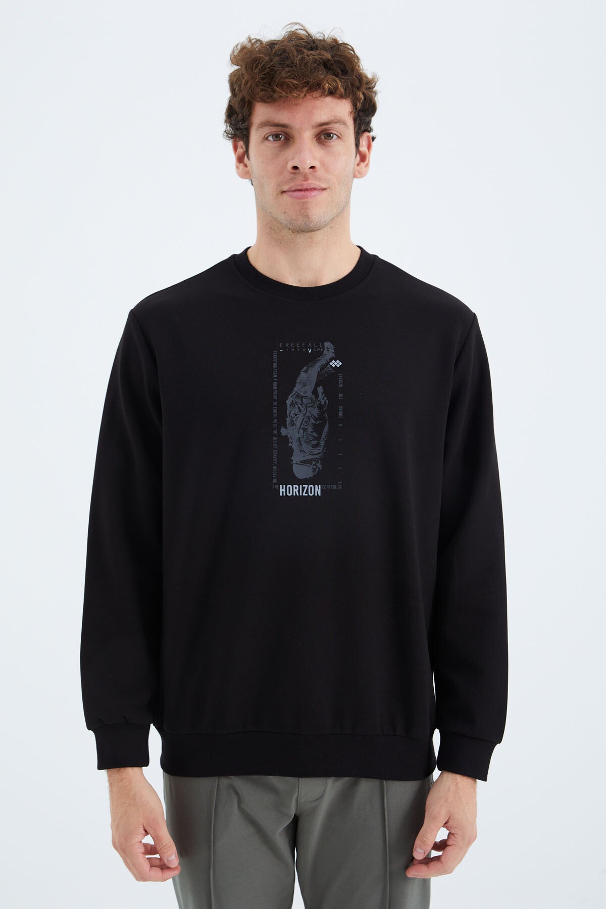 Black O Collar Print Detailed Relax Fit Men's Sweatshirt - 88283