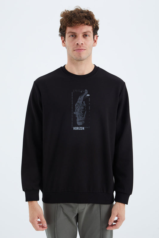 Black O Collar Print Detailed Relax Fit Men's Sweatshirt - 88283
