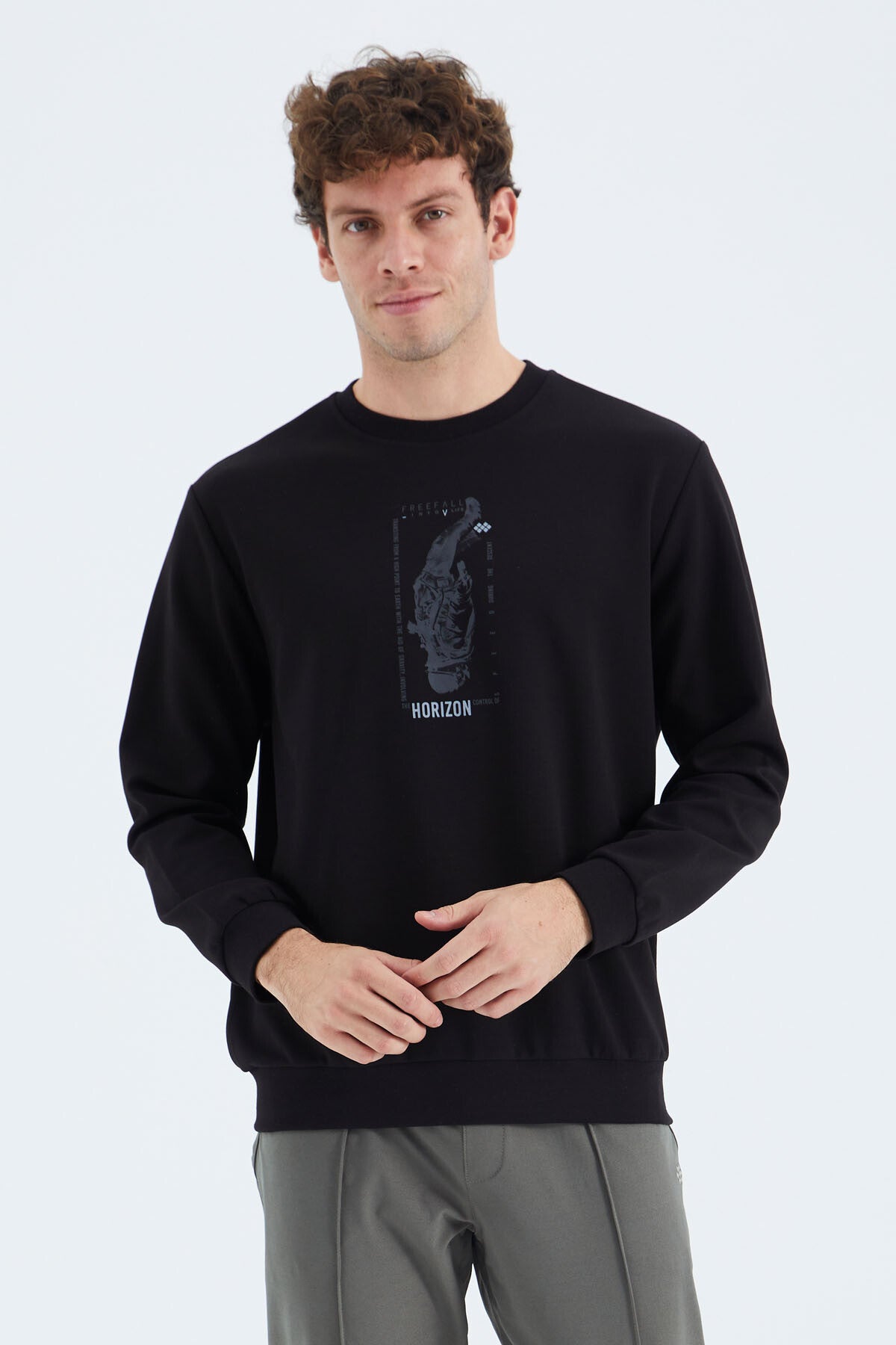 Black O Collar Print Detailed Relax Fit Men's Sweatshirt - 88283