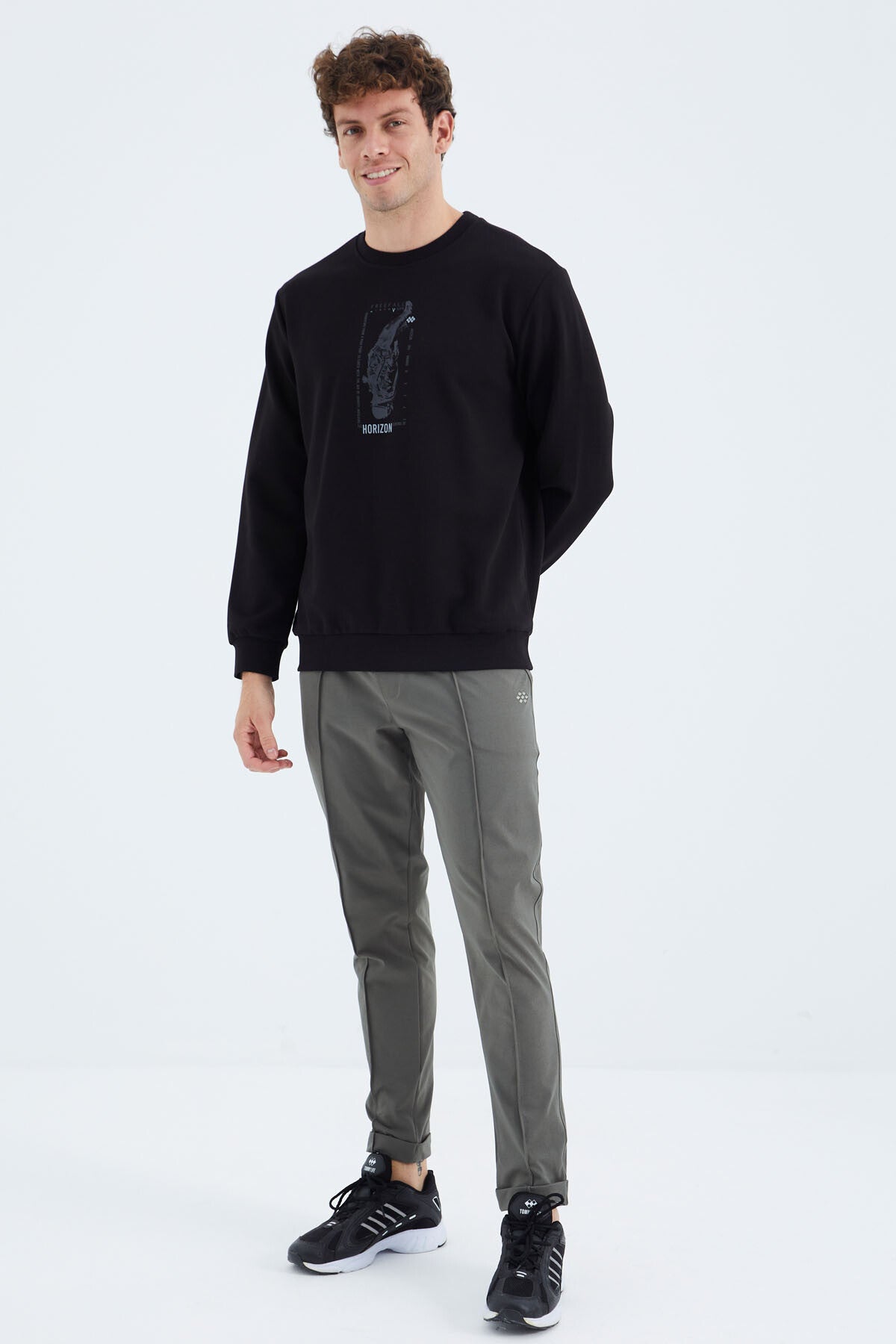 Black O Collar Print Detailed Relax Fit Men's Sweatshirt - 88283