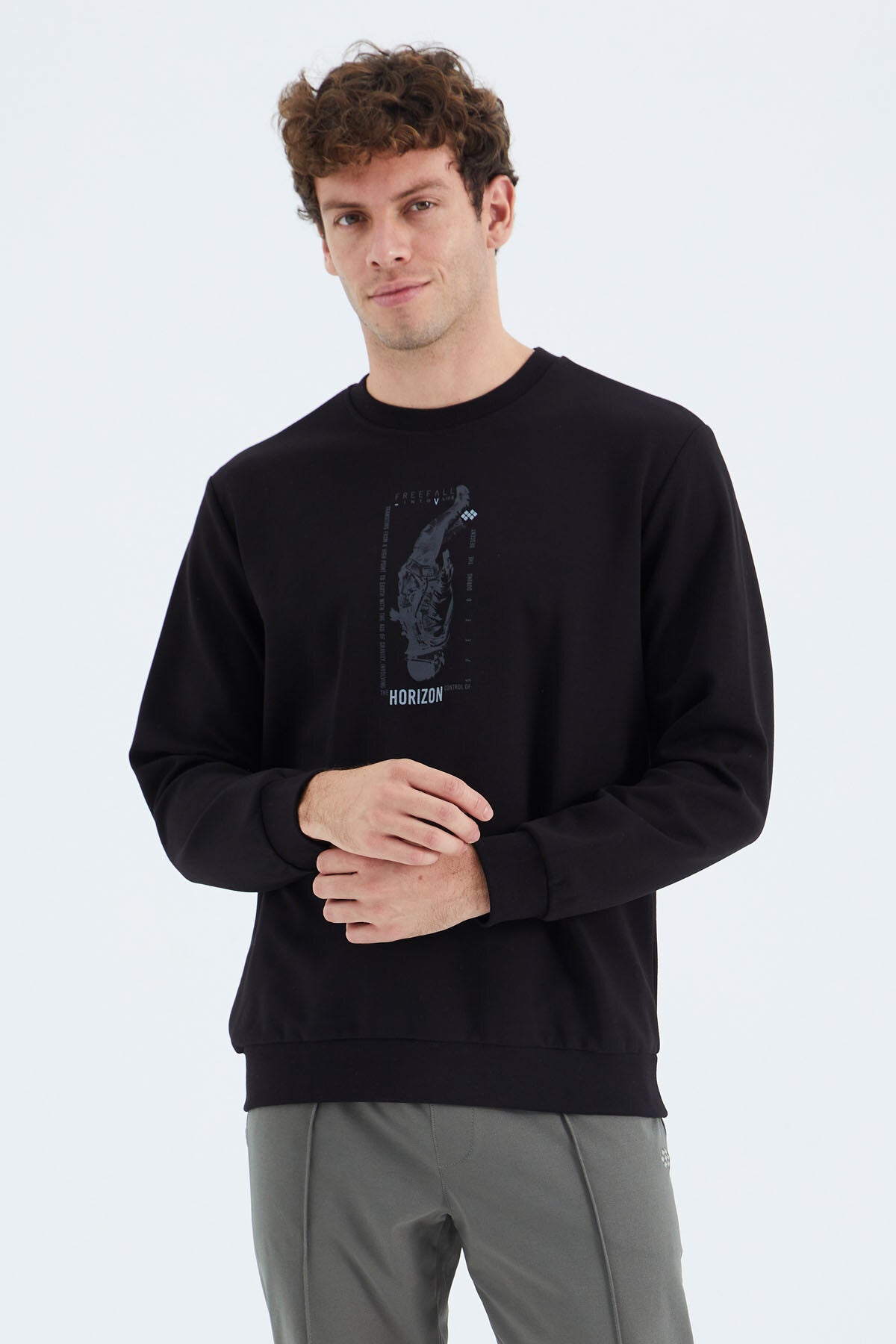 Black O Collar Print Detailed Relax Fit Men's Sweatshirt - 88283