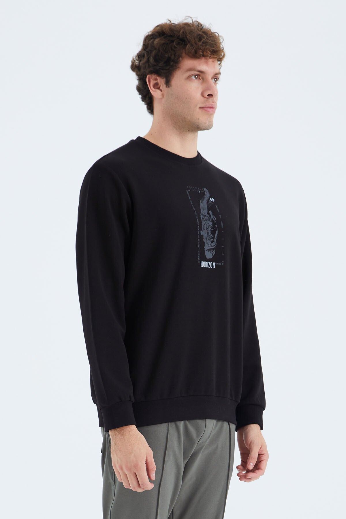Black O Collar Print Detailed Relax Fit Men's Sweatshirt - 88283