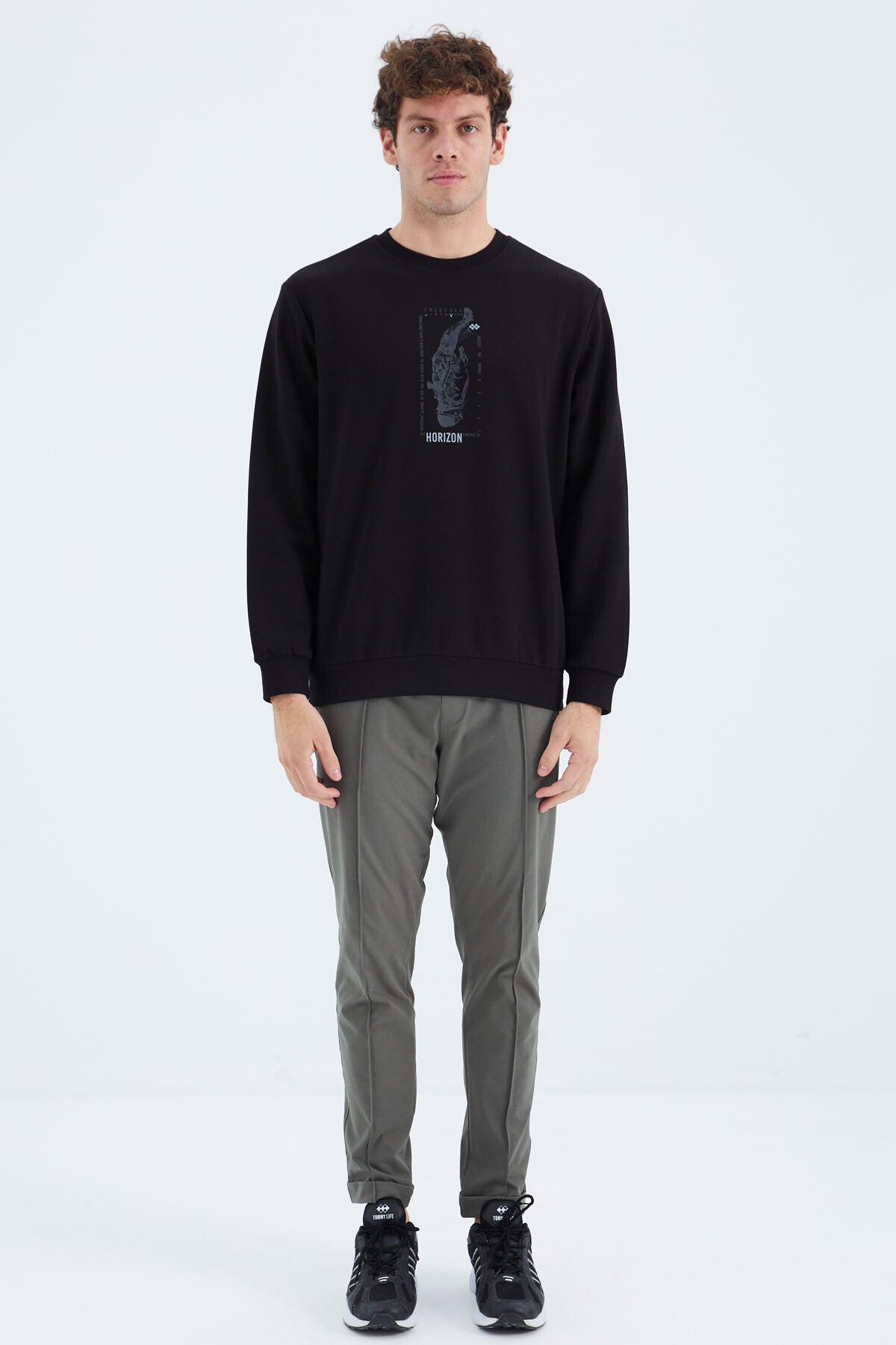 Black O Collar Print Detailed Relax Fit Men's Sweatshirt - 88283
