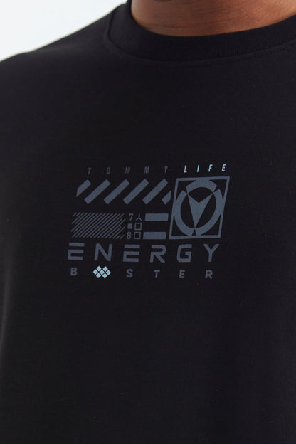 Black O Collar Print Detailed Relax Fit Men's Sweatshirt - 88284