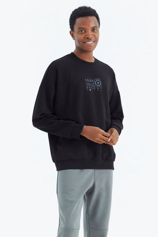 Black O Collar Print Detailed Relax Fit Men's Sweatshirt - 88284