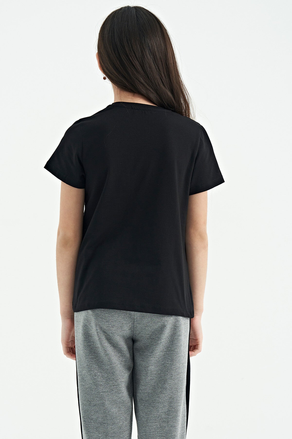Black O Collar Print Detailed Relax Fit Girl's T-Shirt - 75129