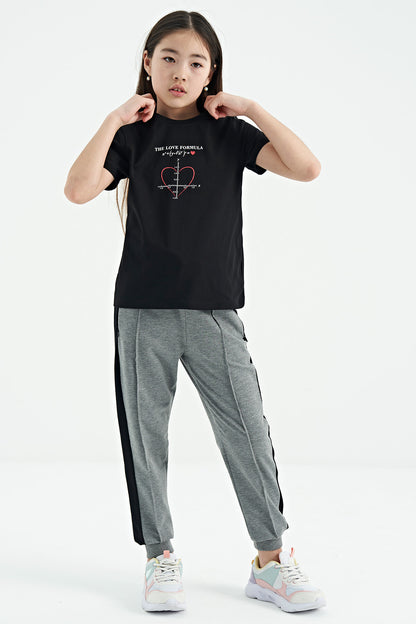Black O Collar Print Detailed Relax Fit Girl's T-Shirt - 75129