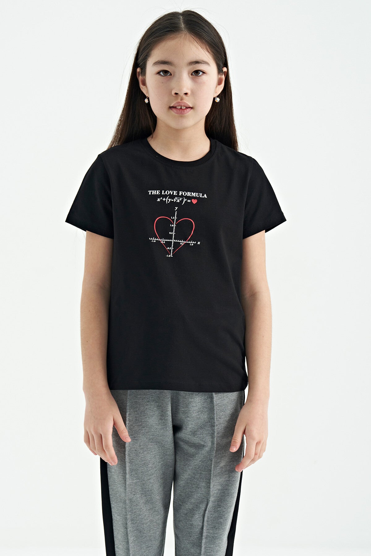 Black O Collar Print Detailed Relax Fit Girl's T-Shirt - 75129
