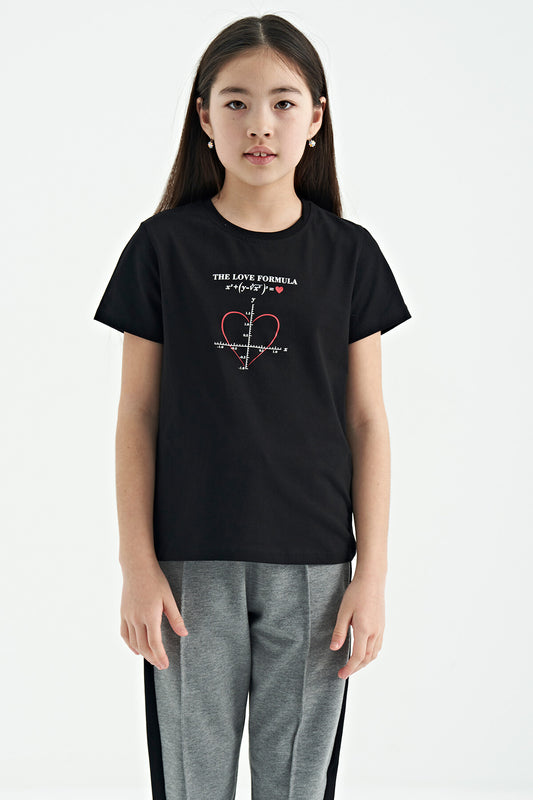 Black O Collar Print Detailed Relax Fit Girl's T-Shirt - 75129