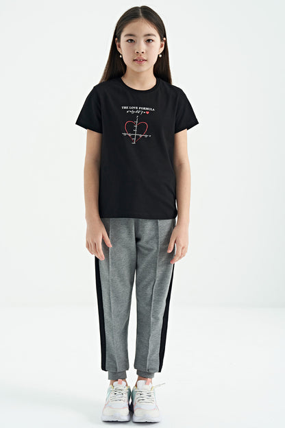 Black O Collar Print Detailed Relax Fit Girl's T-Shirt - 75129