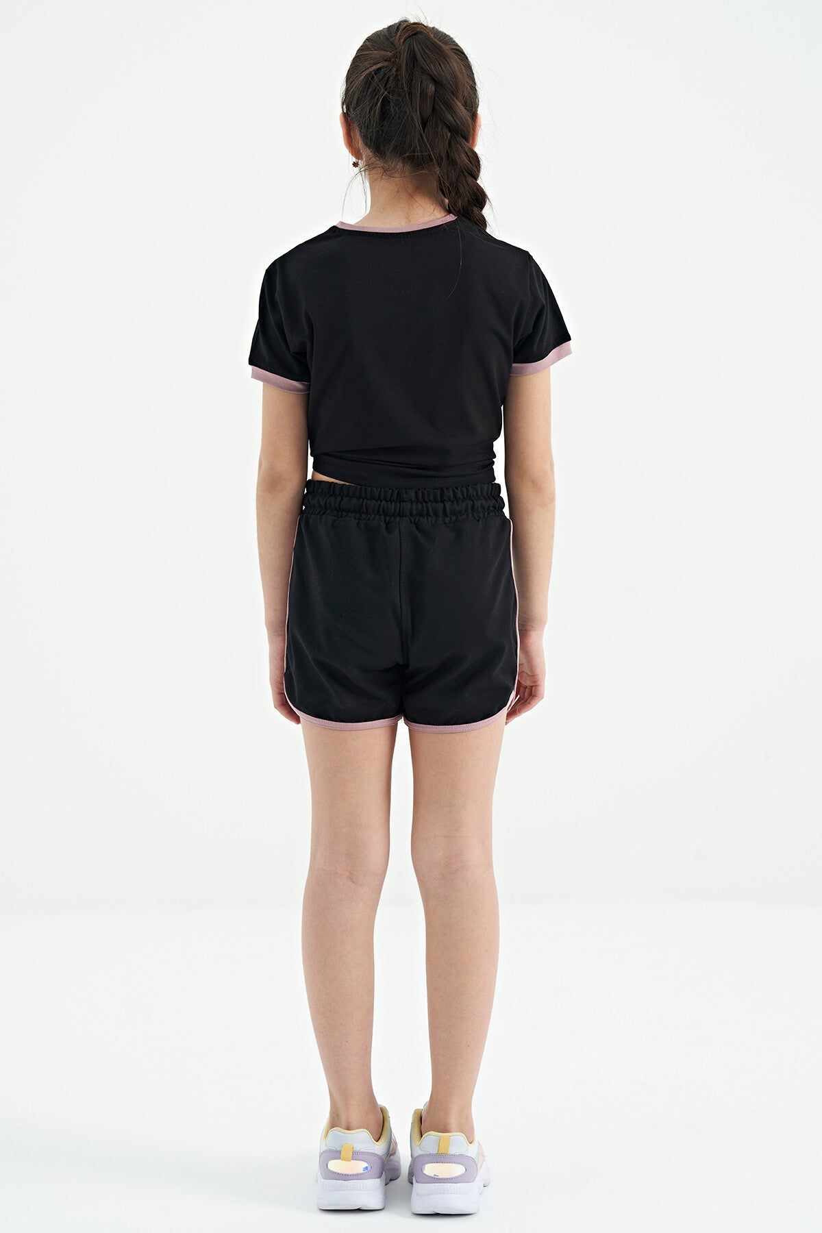 Black O Collar Printed Knot Detailed Relax Fit Girl's Shorts Set - 75132
