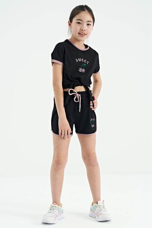Black O Collar Printed Knot Detailed Relax Fit Girl's Shorts Set - 75132