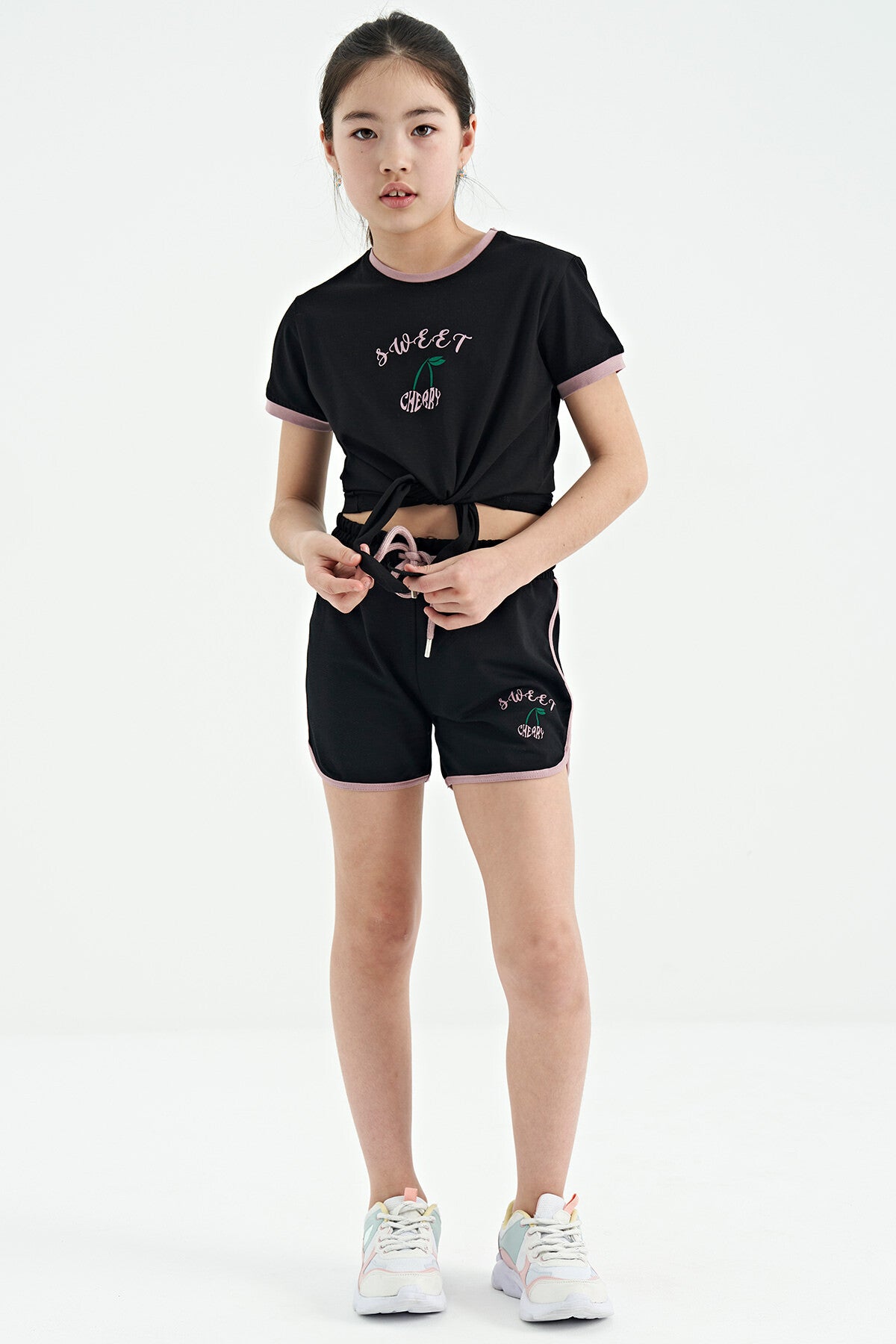 Black O Collar Printed Knot Detailed Relax Fit Girl's Shorts Set - 75132
