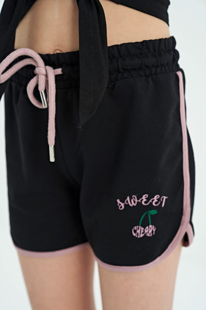 Black O Collar Printed Knot Detailed Relax Fit Girl's Shorts Set - 75132