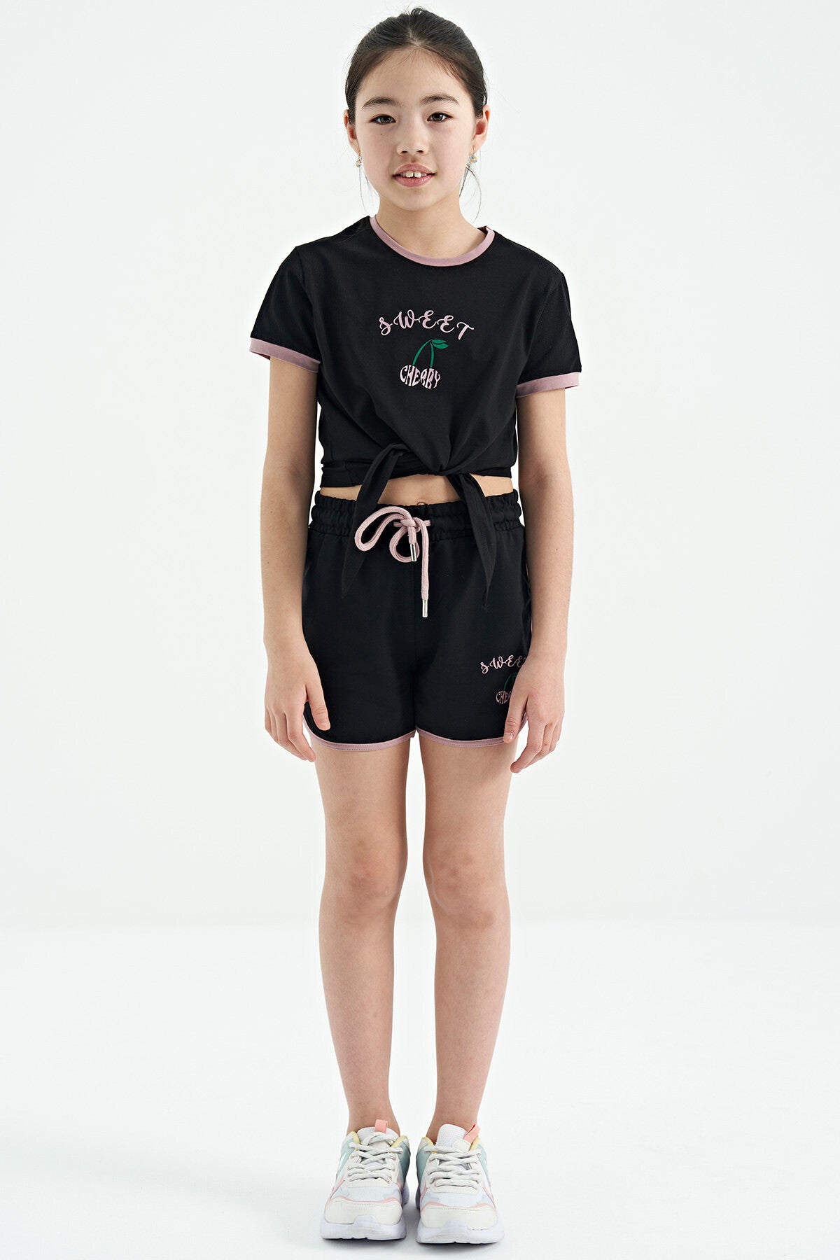 Black O Collar Printed Knot Detailed Relax Fit Girl's Shorts Set - 75132
