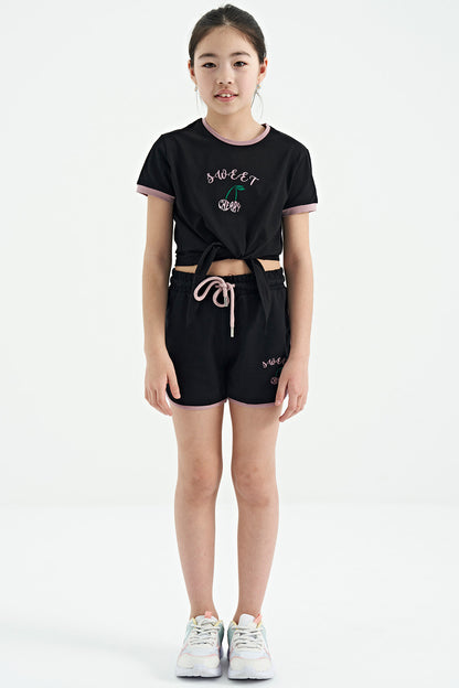 Black O Collar Printed Knot Detailed Relax Fit Girl's Shorts Set - 75132