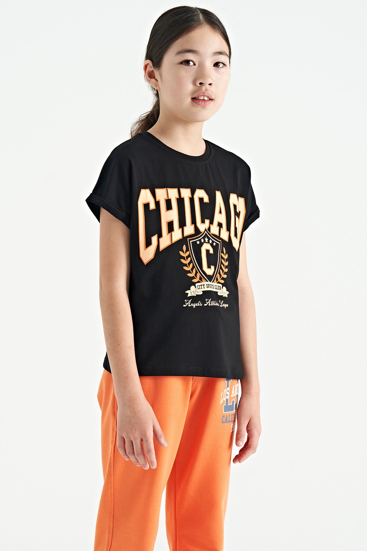 Black O Collar Low Shoulder Comfort Fit Short Sleeve Girls T-Shirt - 75128