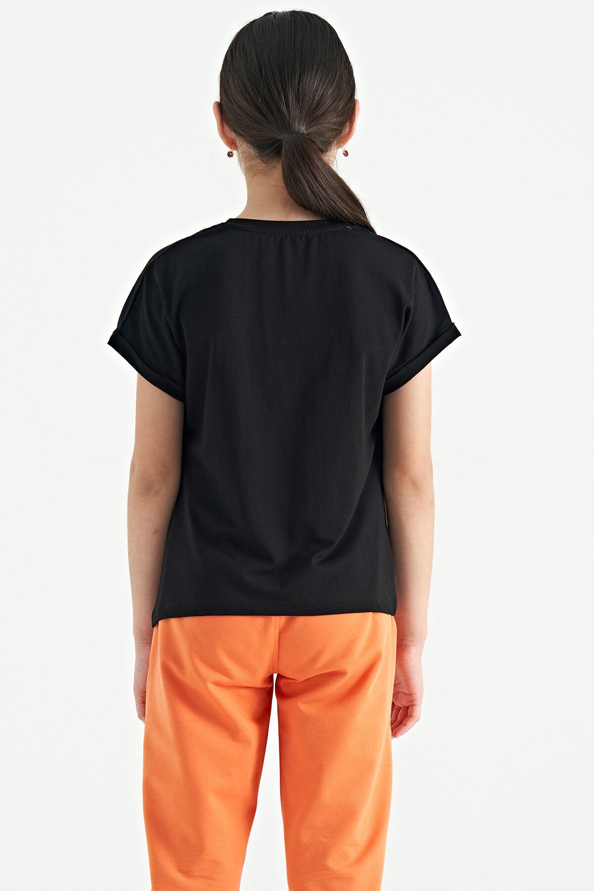 Black O Collar Low Shoulder Comfort Fit Short Sleeve Girls T-Shirt - 75128