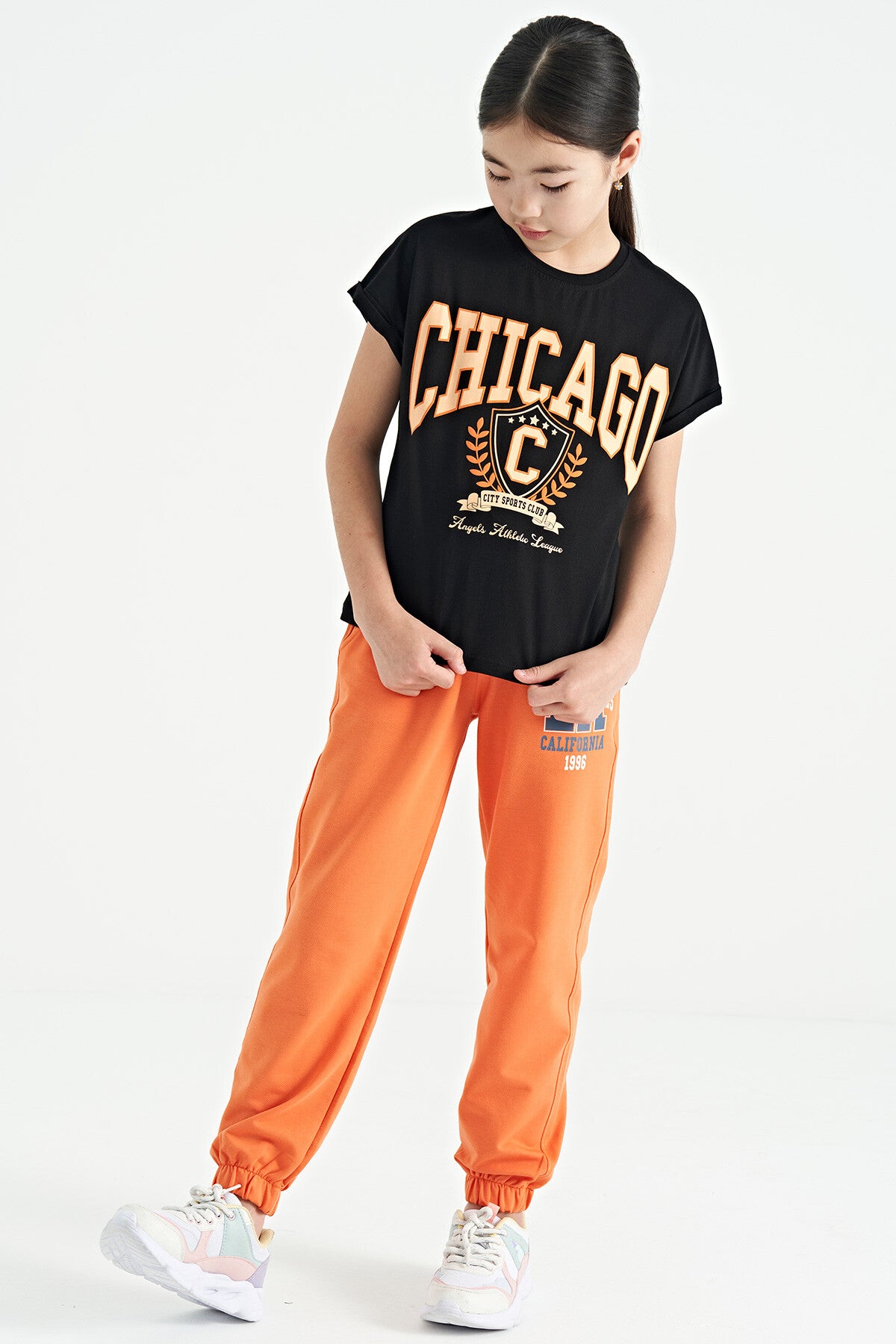 Black O Collar Low Shoulder Comfort Fit Short Sleeve Girls T-Shirt - 75128