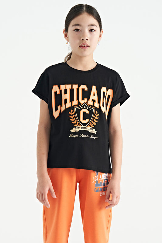 Black O Collar Low Shoulder Comfort Fit Short Sleeve Girls T-Shirt - 75128