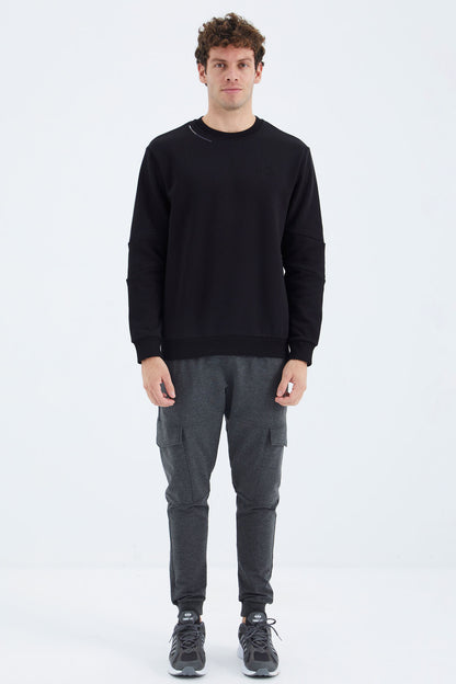 Black O Collar Neck Strip Detailed Basic Relax Fit Men's Sweatshirt - 88293