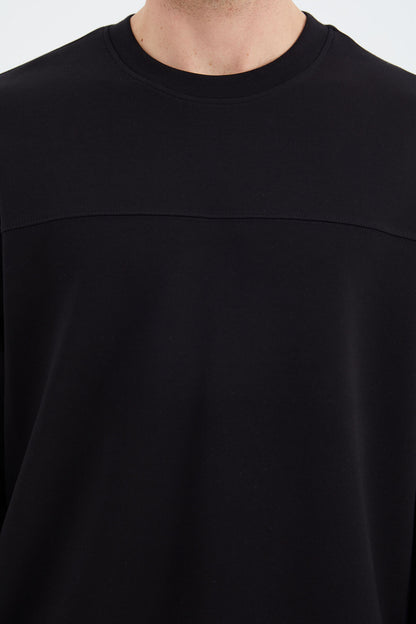 Black O Collar Front Stitch Detailed Basic Relax Fit Men's Sweatshirt - 88270