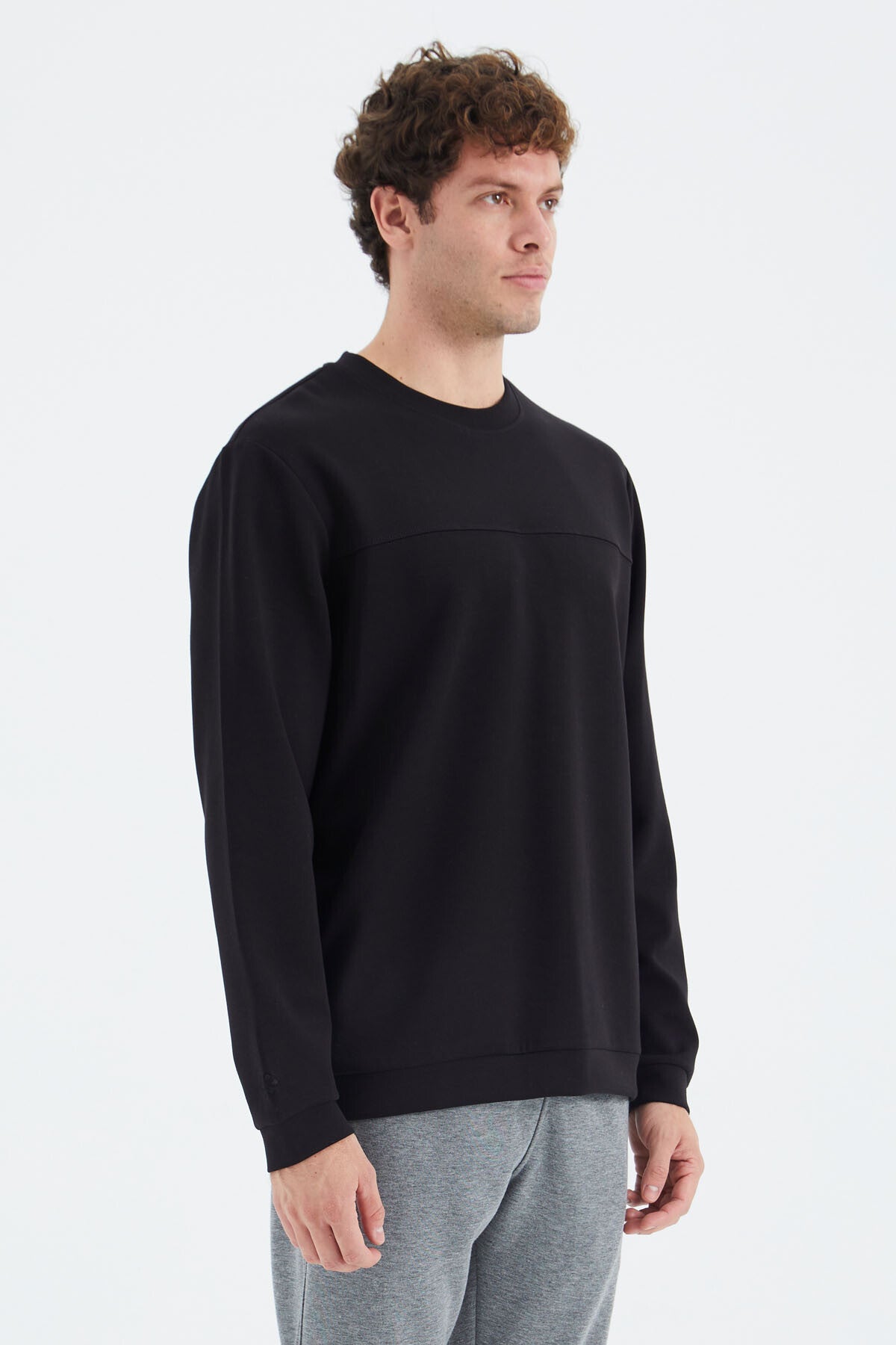Black O Collar Front Stitch Detailed Basic Relax Fit Men's Sweatshirt - 88270