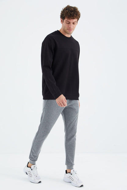 Black O Collar Front Stitch Detailed Basic Relax Fit Men's Sweatshirt - 88270