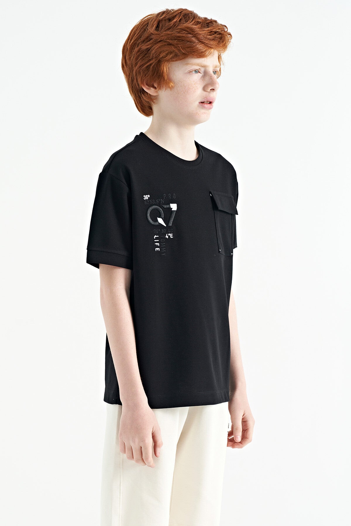 Black O Collar Oversize Pocket Detailed Boys T-Shirt - 11152
