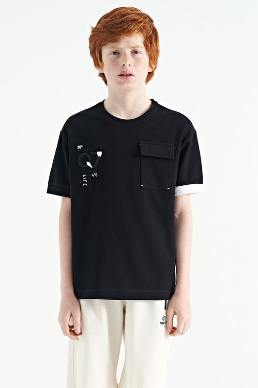 Black O Collar Oversize Pocket Detailed Boys T-Shirt - 11152