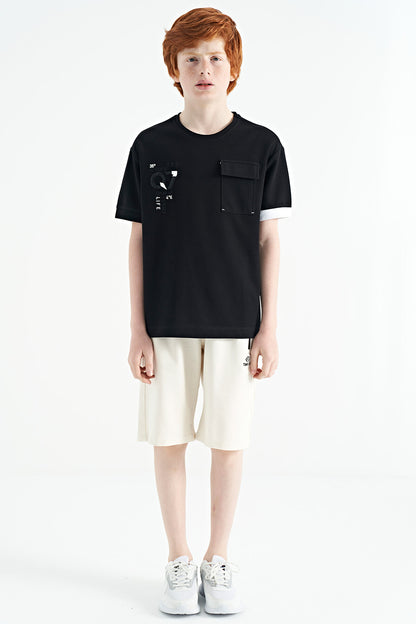 Black O Collar Oversize Pocket Detailed Boys T-Shirt - 11152