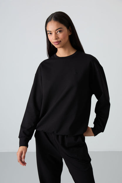 Black Basic Cotton O Neck Oversize Elastic Cuff Women's Tracksuit Set - 95287