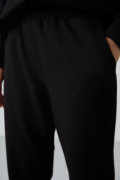 Black Basic Cotton O Neck Oversize Elastic Cuff Women's Tracksuit Set - 95287