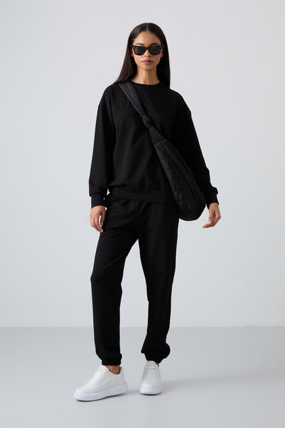 Black Basic Cotton O Neck Oversize Elastic Cuff Women's Tracksuit Set - 95287