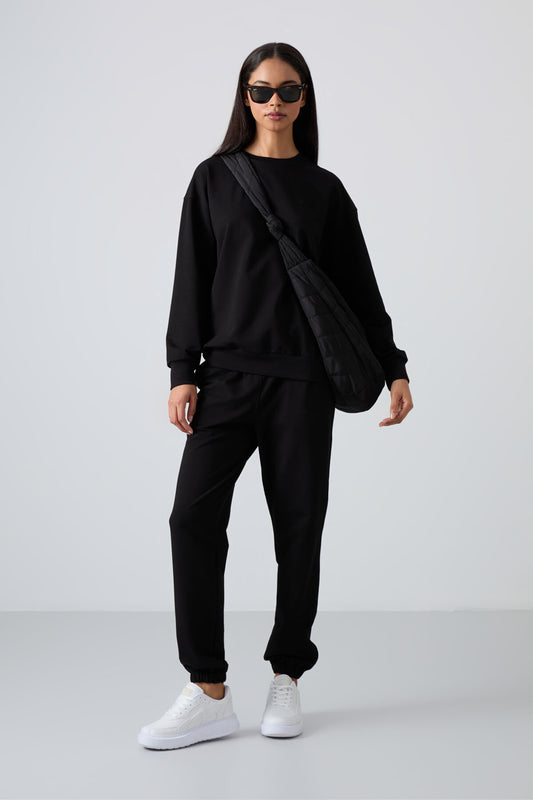 Black Basic Cotton O Neck Oversize Elastic Cuff Women's Tracksuit Set - 95287