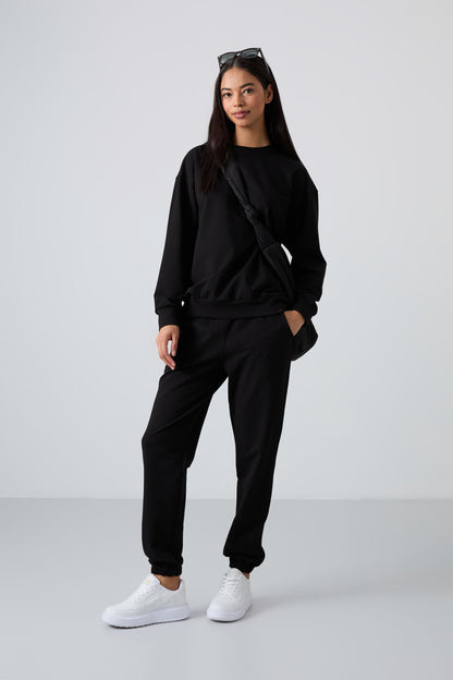 Black Basic Cotton O Neck Oversize Elastic Cuff Women's Tracksuit Set - 95287